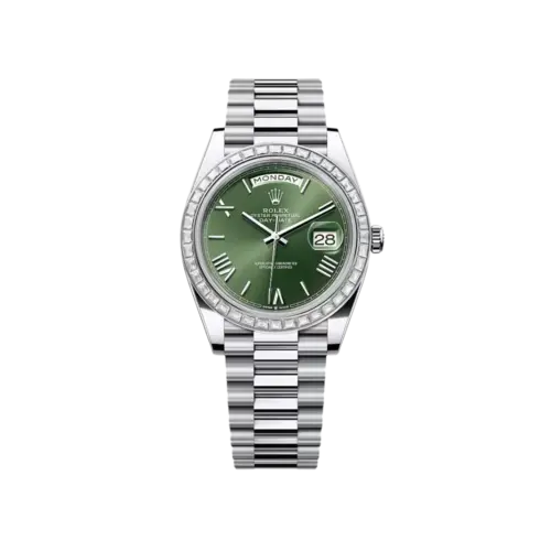 Rolex Day-Date 40 Platinum Olive Green Dial Synthetic Stone Bezel – Ref. 228396TBR