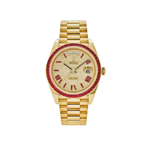 Rolex Day-Date 40 228398TRU Yellow Gold Roman Dial Ruby Bezel