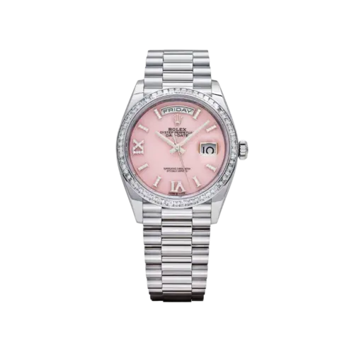 Rolex Day-Date 36 128396TBR Platinum Pink Opal Synthetic Stones Dial and Synthetic Stones Bezel