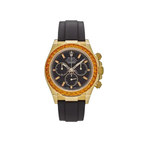 Rolex Daytona Yellow Gold Orange Sapphire Bezel Black Dial 116588SACO