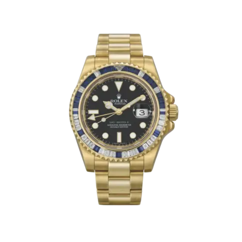 Rolex GMT-Master II 116748SA Yellow Gold Sapphire and Synthetic Stones Bezel Black Dial